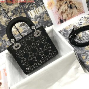 Falsa Dior M0505 Mini Dior Lady Bag Pelle di agnello Cannage metallizzata nera con ricamo di perline 2