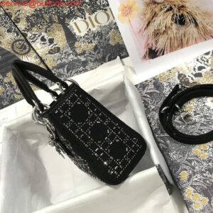 Falsa Dior M0505 Mini Dior Lady Bag Pelle di agnello Cannage metallizzata nera con ricamo di perline