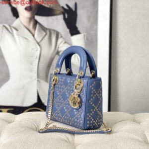 Falsa Dior M0505 Mini Dior Lady Bag Blu metallizzato Cannage Agnello con ricamo di perline 2