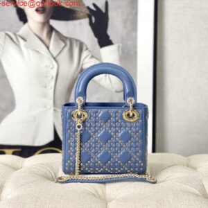 Falsa Dior M0505 Mini Dior Lady Bag Blu metallizzato Cannage Agnello con ricamo di perline