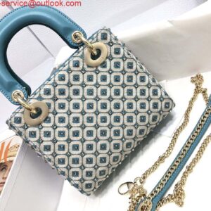 Falsa Dior M0505 Mini Dior Lady Bag Blu metallizzato Cannage Agnello con perline ricamate a quadri 2