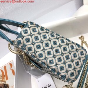 Falsa Dior M0505 Mini Dior Lady Bag Blu metallizzato Cannage Agnello con perline ricamate a quadri