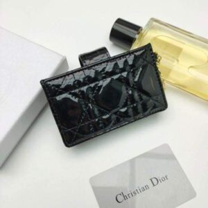 Falsa Dior S0074 Portafoglio Lady Dior Porta carte a 5 tasselli Pelle di vitello verniciata nera cannage